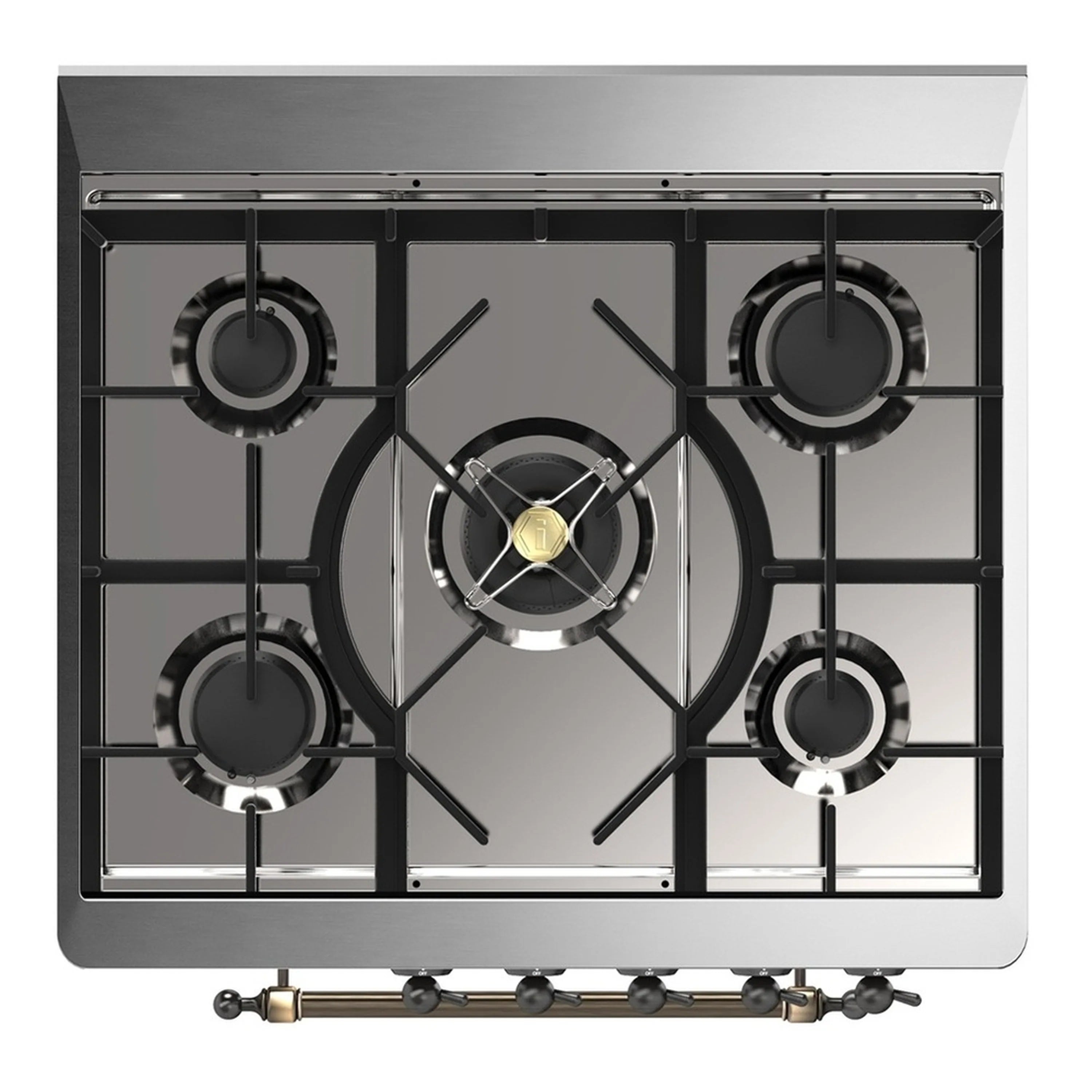 Midnight blue cooktop with five gas burners and black cast-iron grates