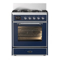 ILVE Majestic III 30-inch Dual Fuel Range with 5 Natural Gas Burner and Triple Glass Door Electric Oven in Midnight Blue with Chrome Trim (UM30NR3MBC)