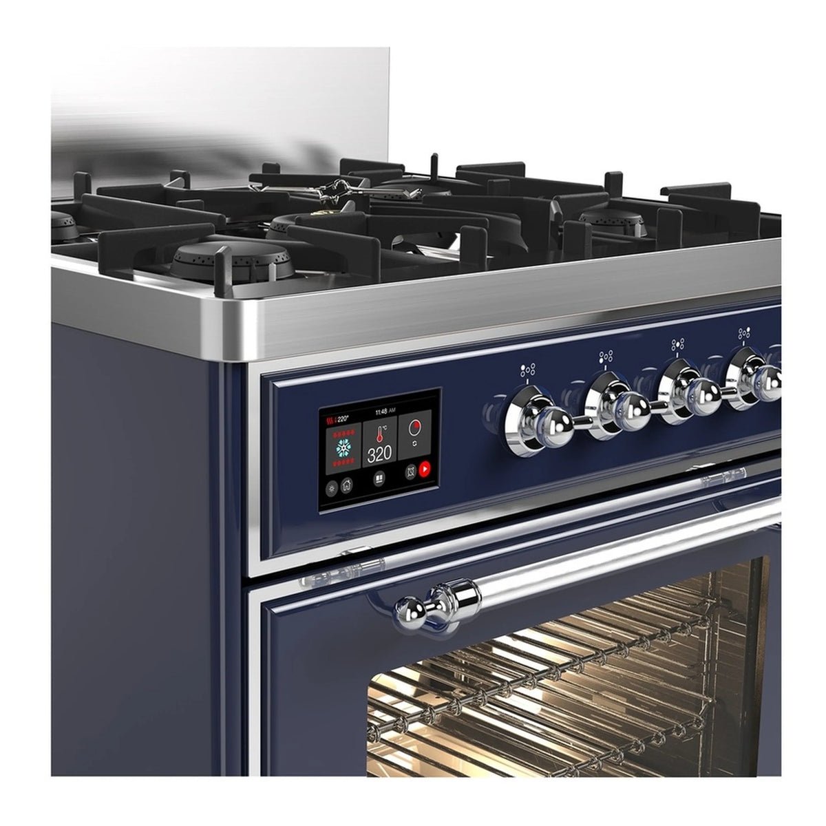 Midnight blue dual fuel range control panel with chrome knobs and oven door partially open