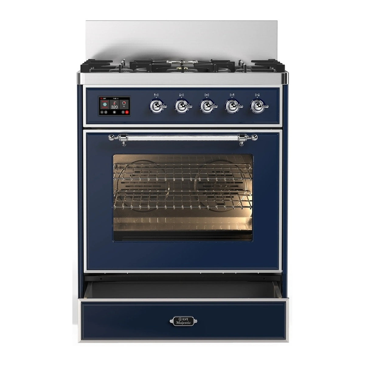 Midnight blue dual fuel range with chrome trim, closed triple-glass oven door, knobs