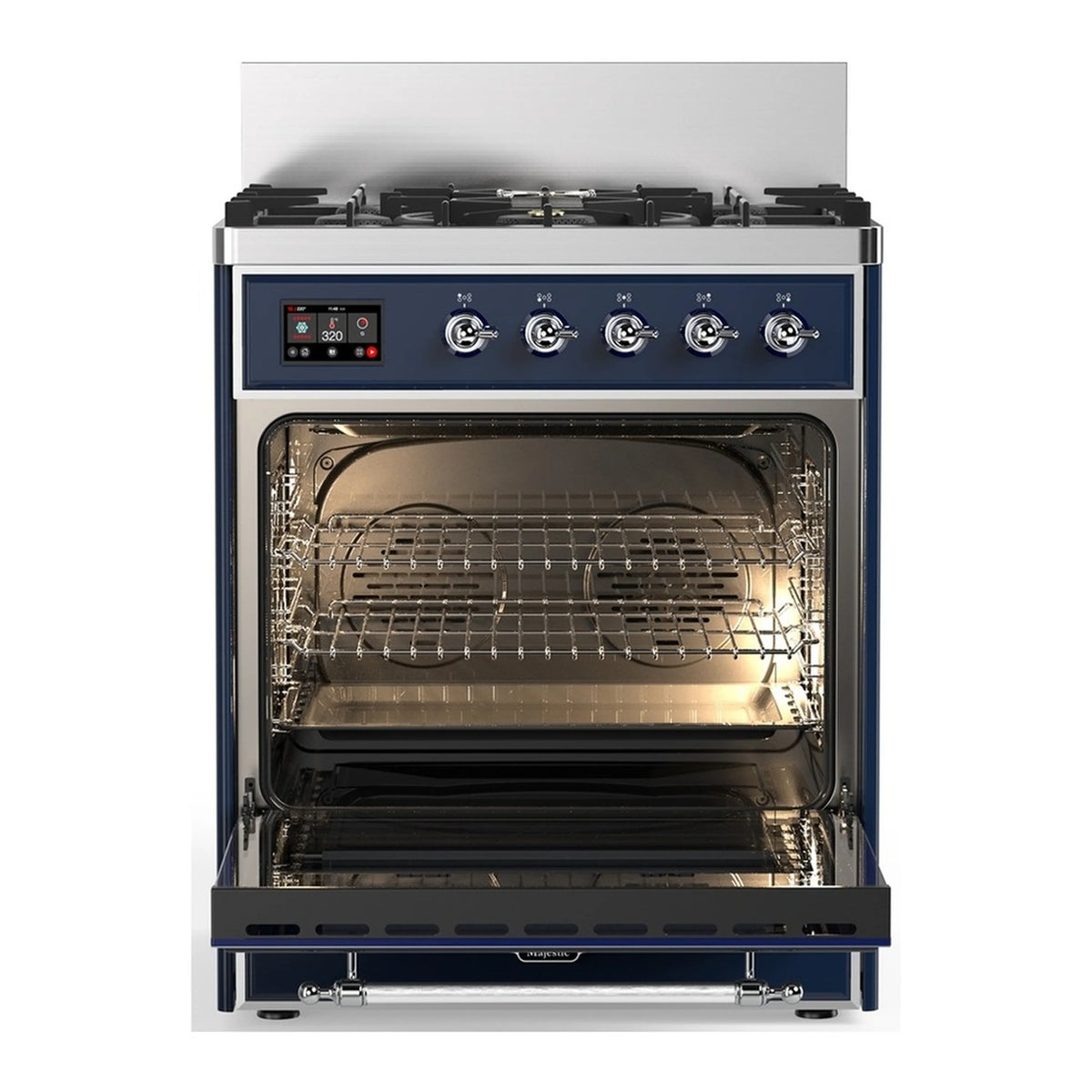 Open oven of a midnight blue dual fuel range with wire racks and interior lighting