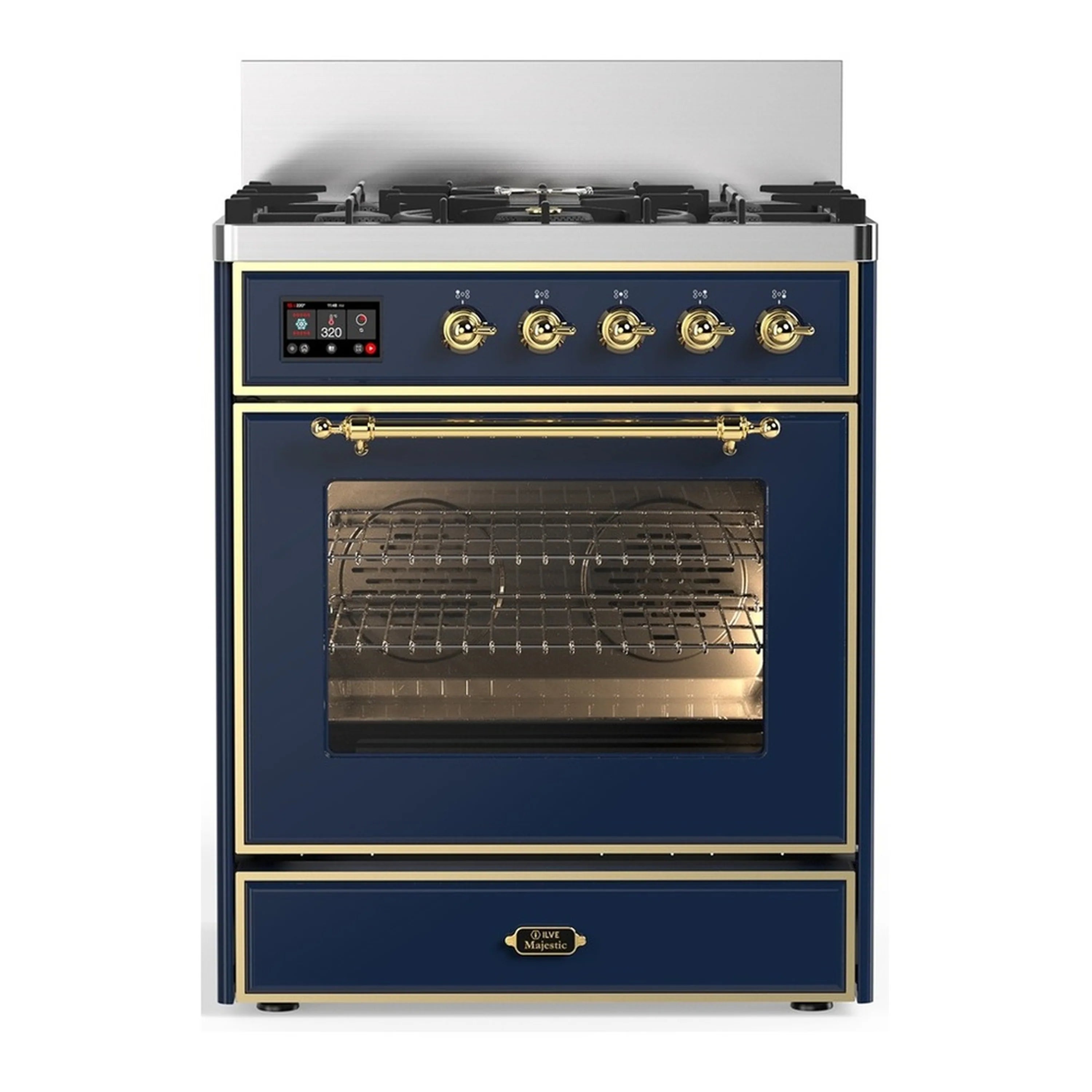 Blue-grey dual fuel range with brass trim, five-burner cooktop, and triple-glass oven door