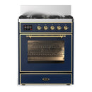 ILVE Majestic III 30-inch Dual Fuel Range with 5 Natural Gas Burner and Triple Glass Door Electric Oven in Blue Grey with Brass Trim (UM30NR3MBG)