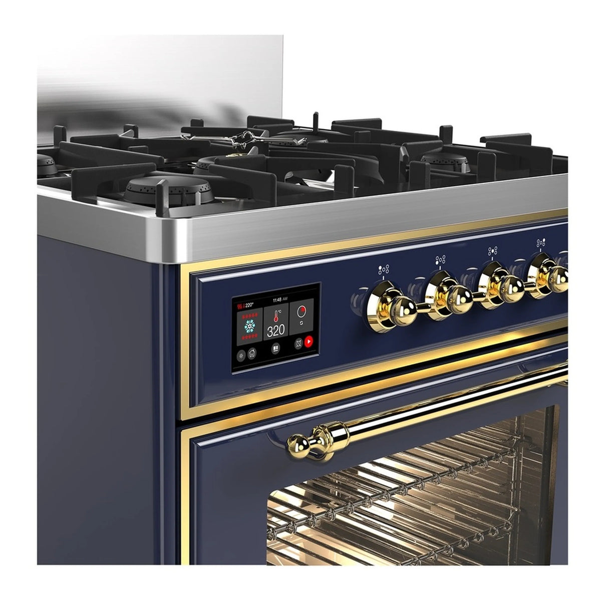 ILVE dual fuel range close-up: blue grey control panel with brass knobs and oven door edge.