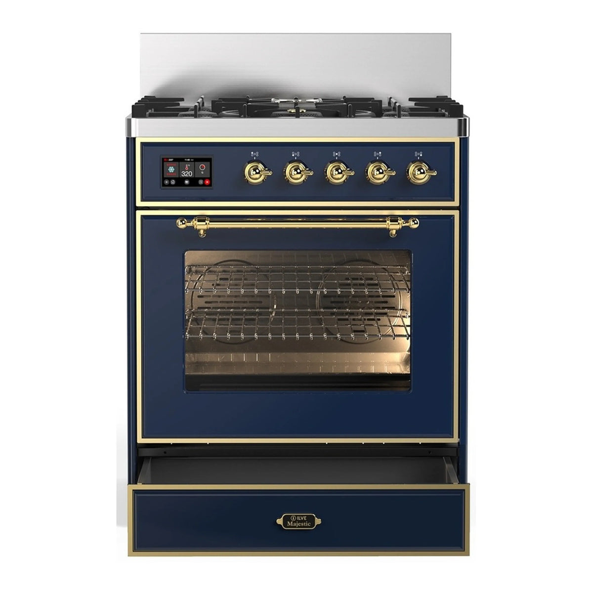 ILVE dual fuel range front view with brass handle, glass oven door, and control panel.