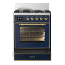 ILVE Majestic III 30-inch Dual Fuel Range with 5 Natural Gas Burner and Triple Glass Door Electric Oven in Blue Grey with Brass Trim (UM30NR3MBG)
