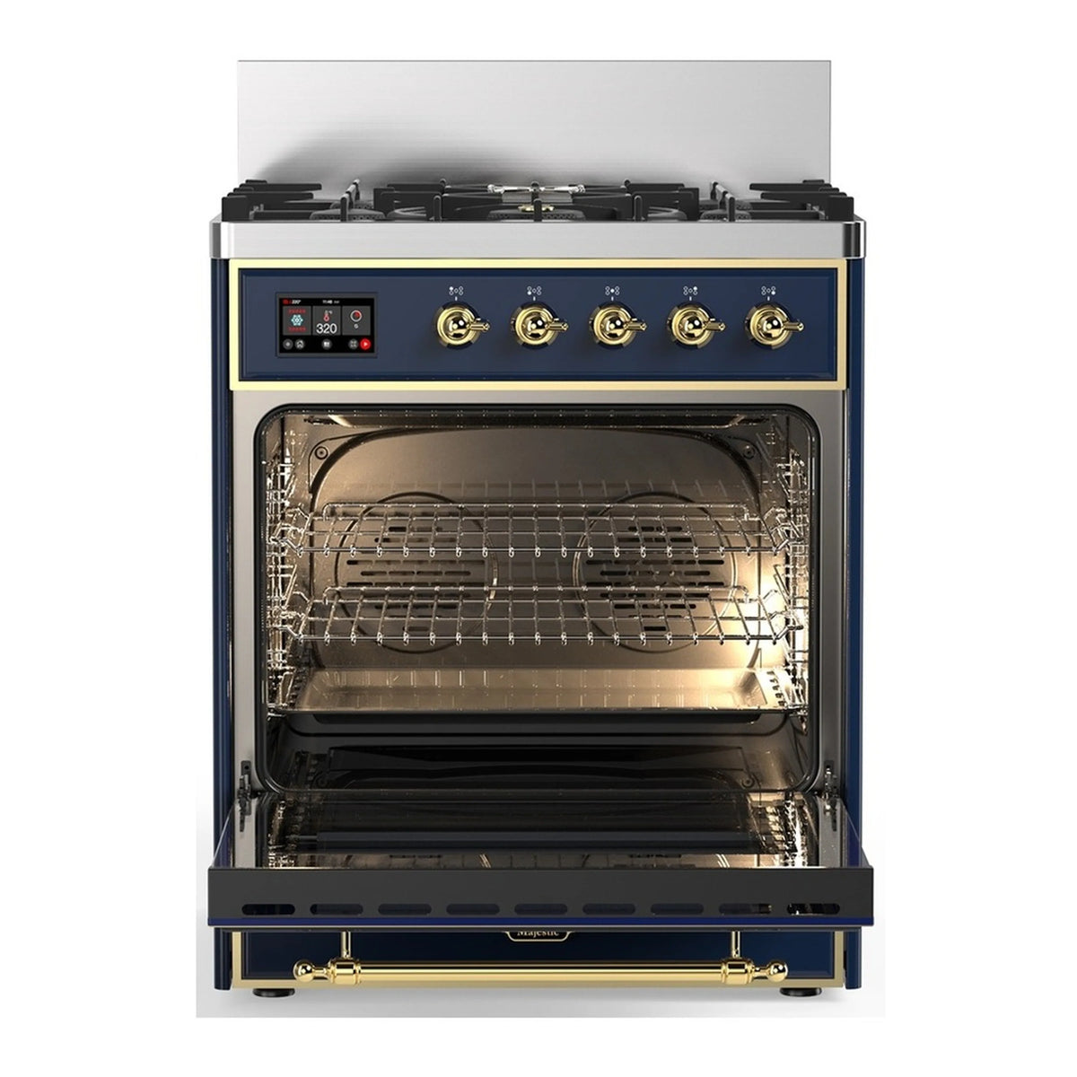 Blue-grey dual fuel range with open oven showing racks and triple-glass door frame