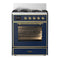 ILVE Majestic III 30-inch Dual Fuel Range with 5 Natural Gas Burner and Triple Glass Door Electric Oven in Blue Grey with Brass Trim (UM30NR3MBG)