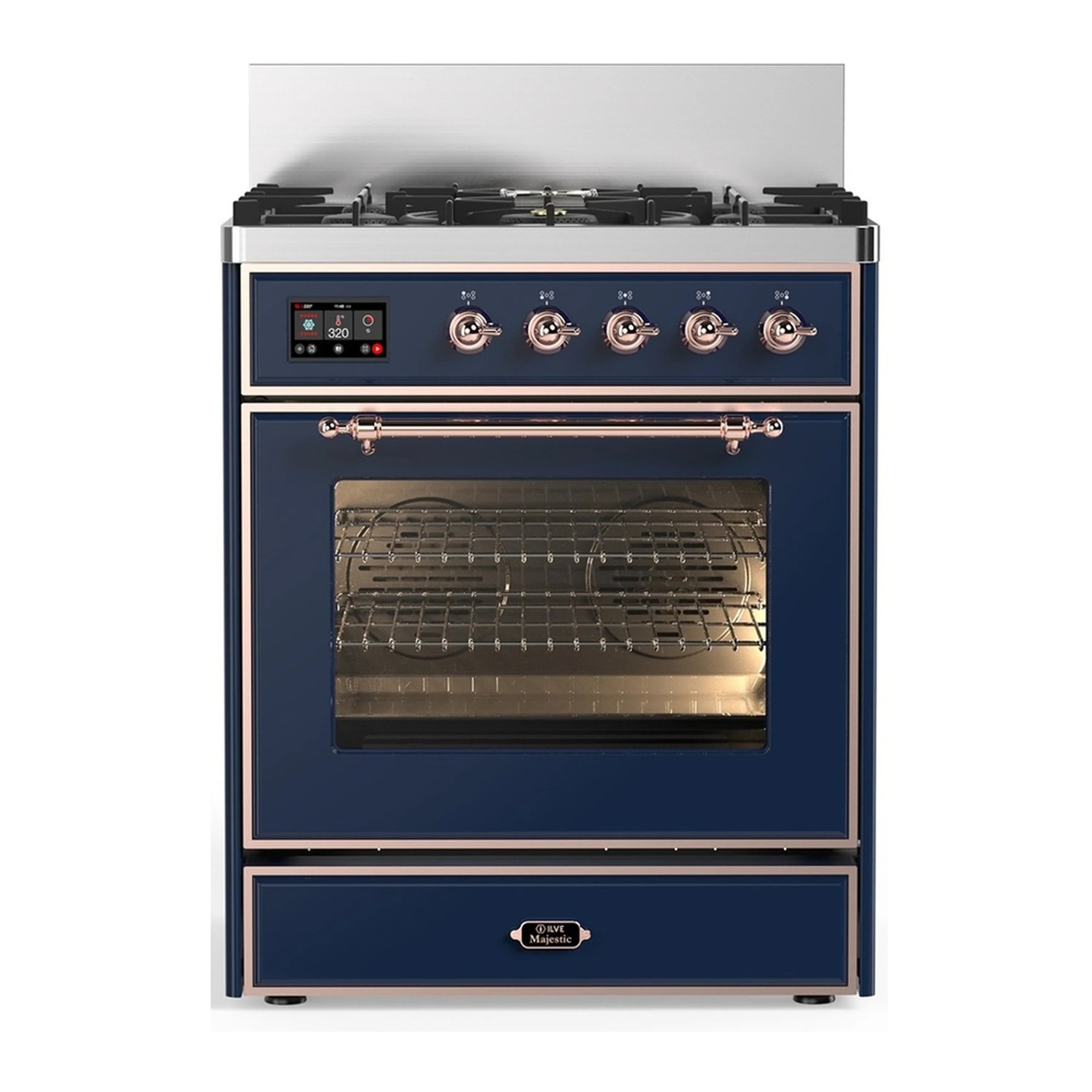 Midnight blue dual fuel range with copper trim, closed oven door, and 5 natural gas burners