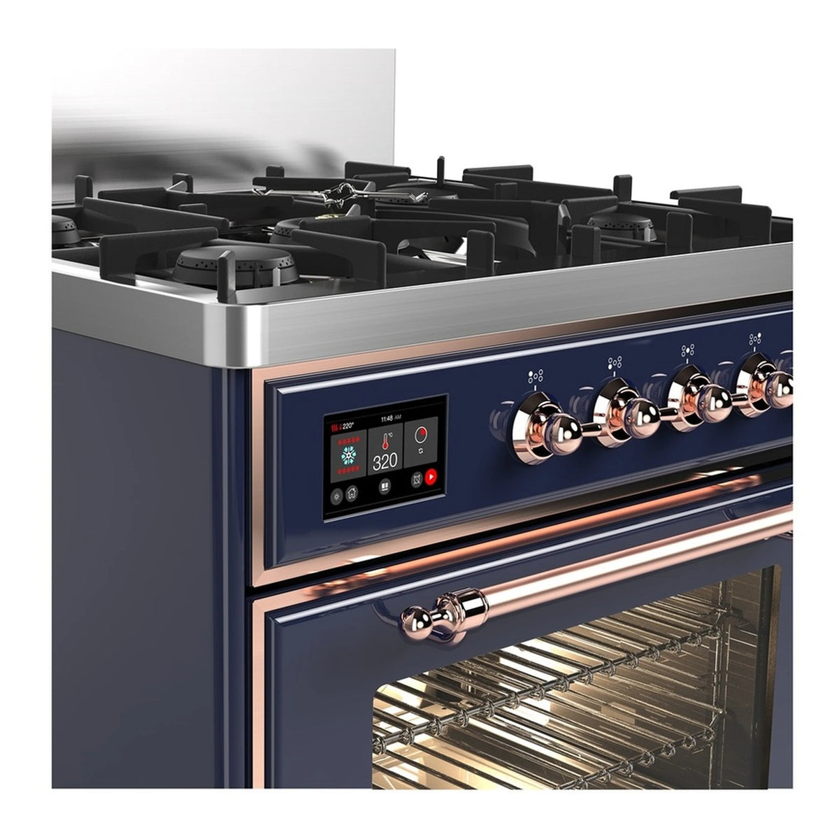 Midnight blue dual fuel range with copper knobs and partially open oven door