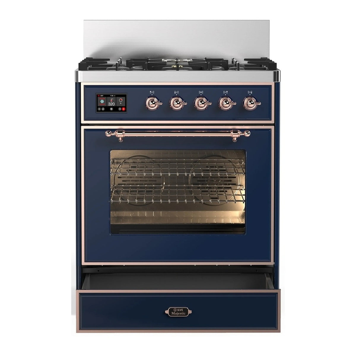 Midnight blue dual fuel range with copper trim, oven door closed, and control panel