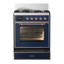 ILVE Majestic III 30-inch Dual Fuel Range with 5 Natural Gas Burner and Triple Glass Door Electric Oven in Midnight Blue with Copper Trim (UM30NR3MBP)