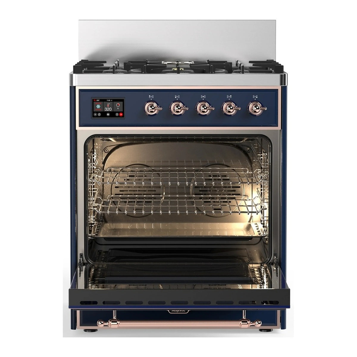 Midnight blue dual fuel range with open oven and copper-trimmed lower door
