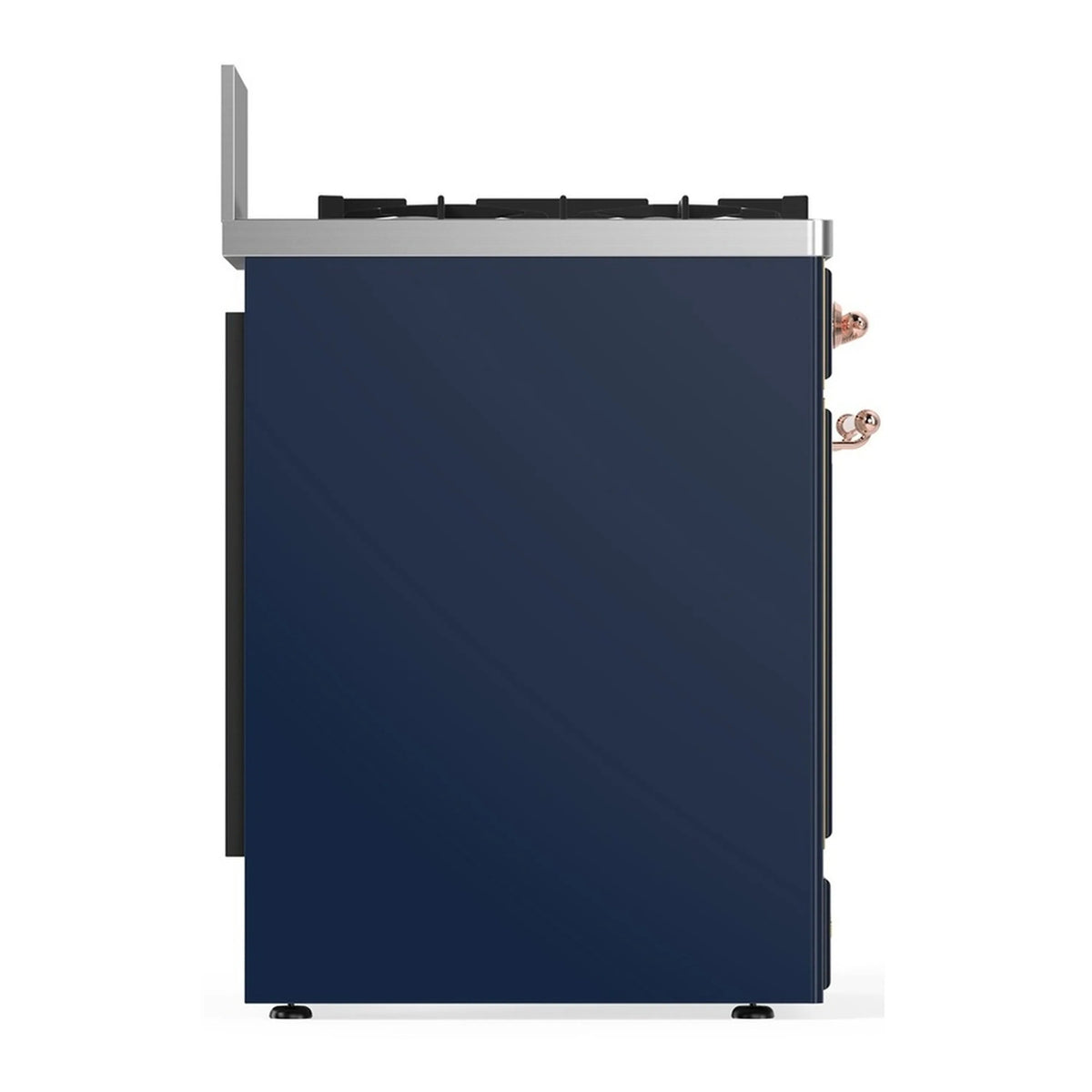 Midnight blue dual fuel range rear-side panel with copper trim corner handles