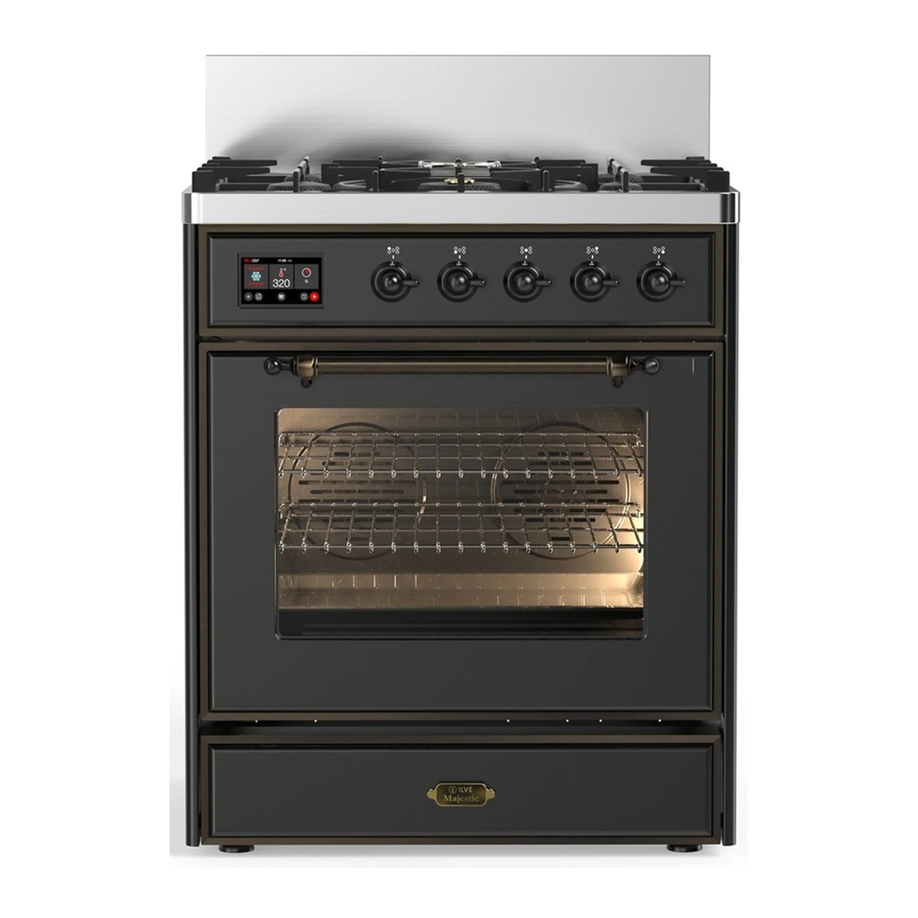Graphite matte dual fuel range with 5 gas burners, triple-glass oven door, open oven