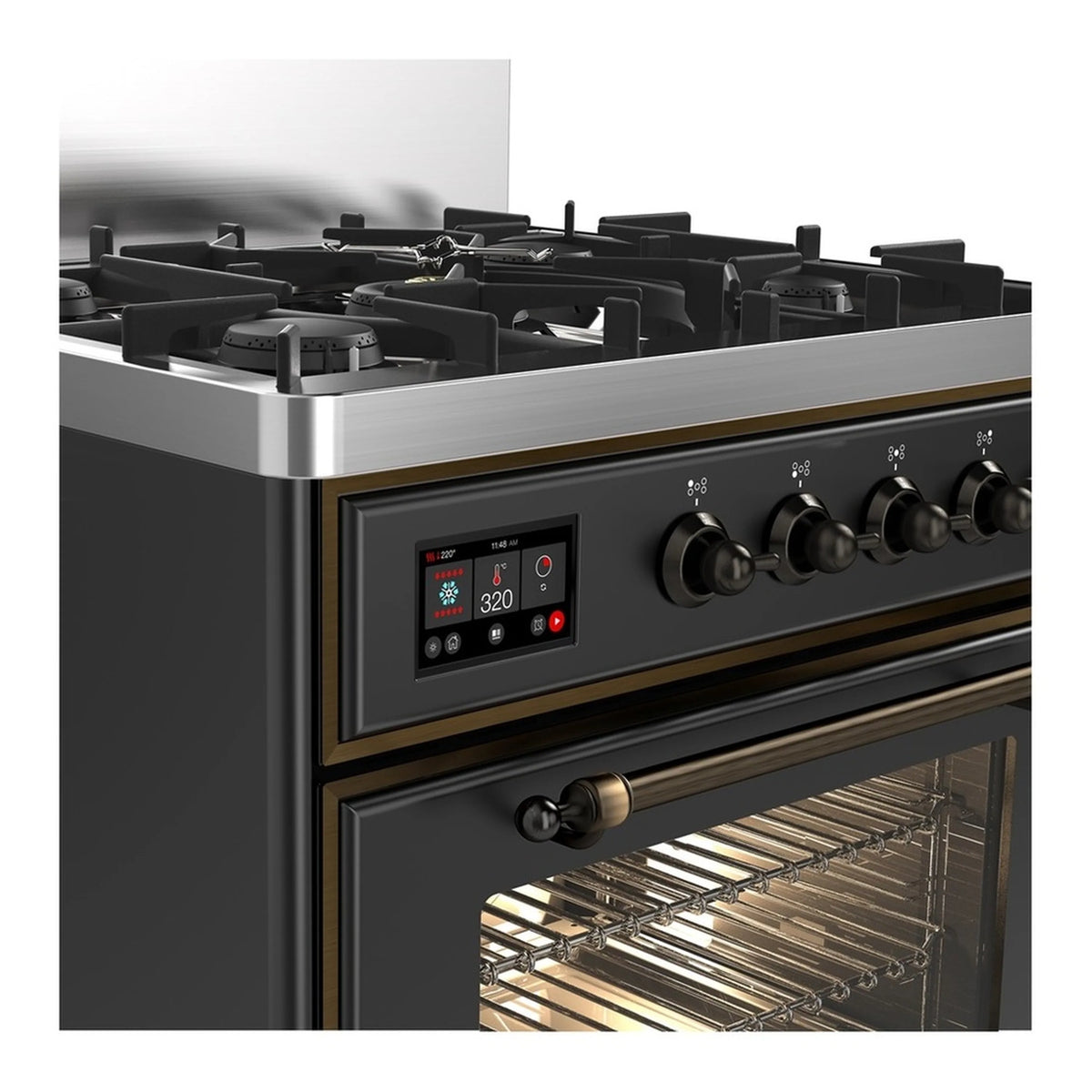 Graphite matte dual fuel range side view with control knobs and open oven