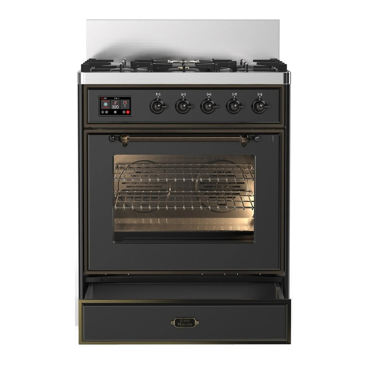 Graphite matte dual fuel range with 5 gas burners and closed triple-glass oven door
