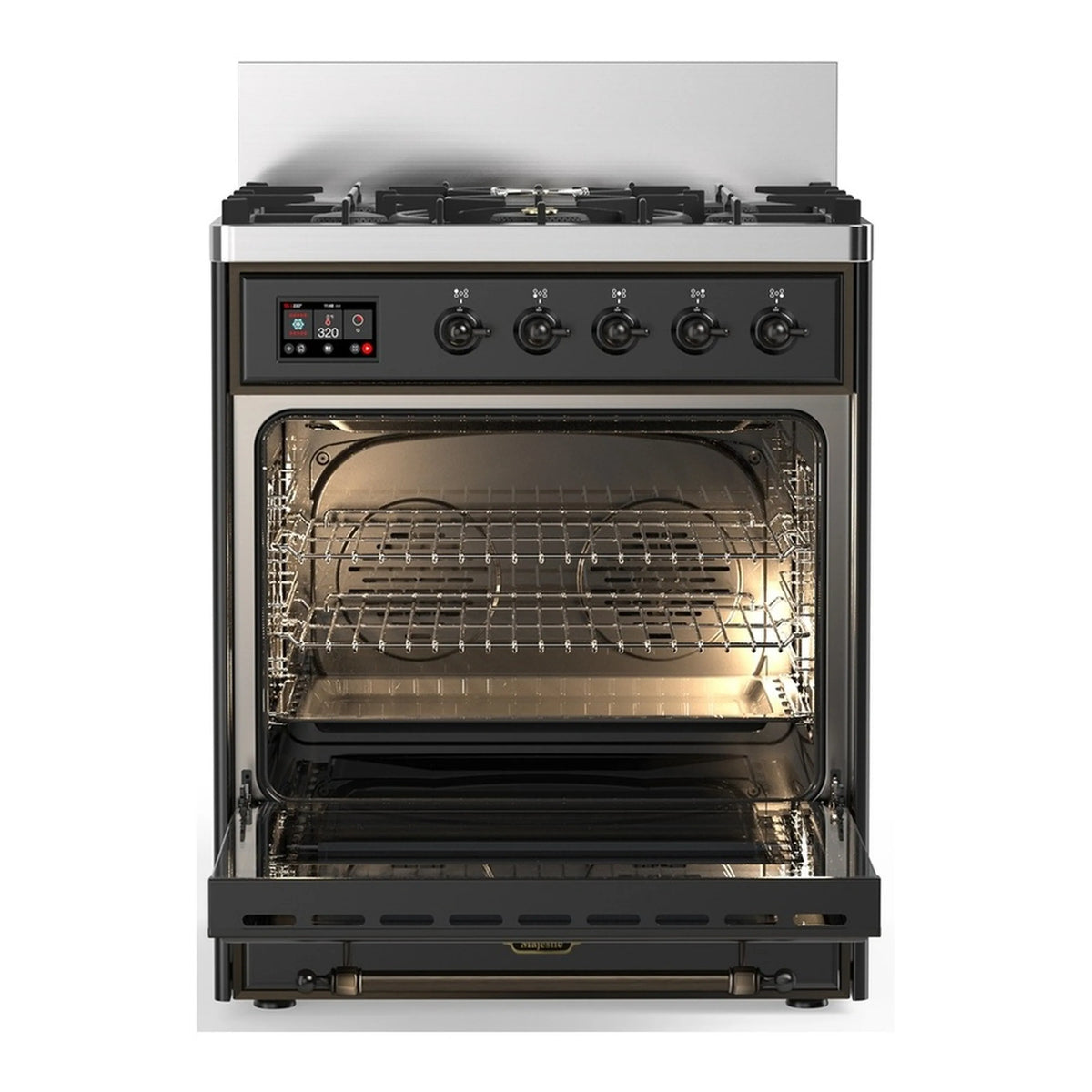 Graphite matte dual fuel range oven open, showing wire racks and triple-glass door