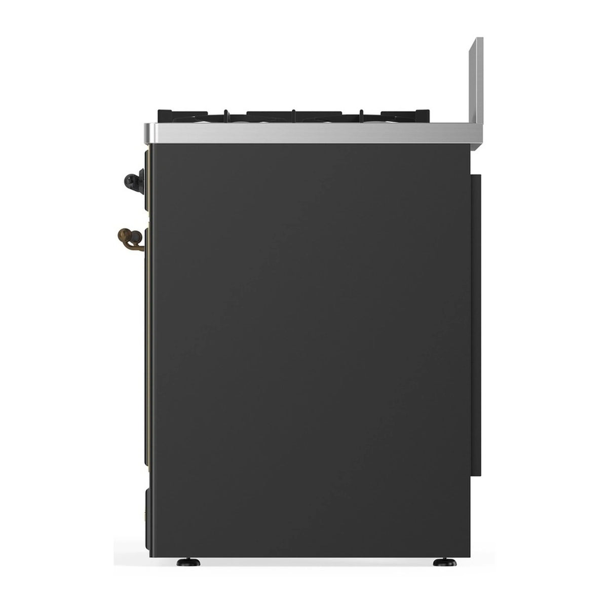 Graphite matte dual fuel range rear view with back panel and fittings