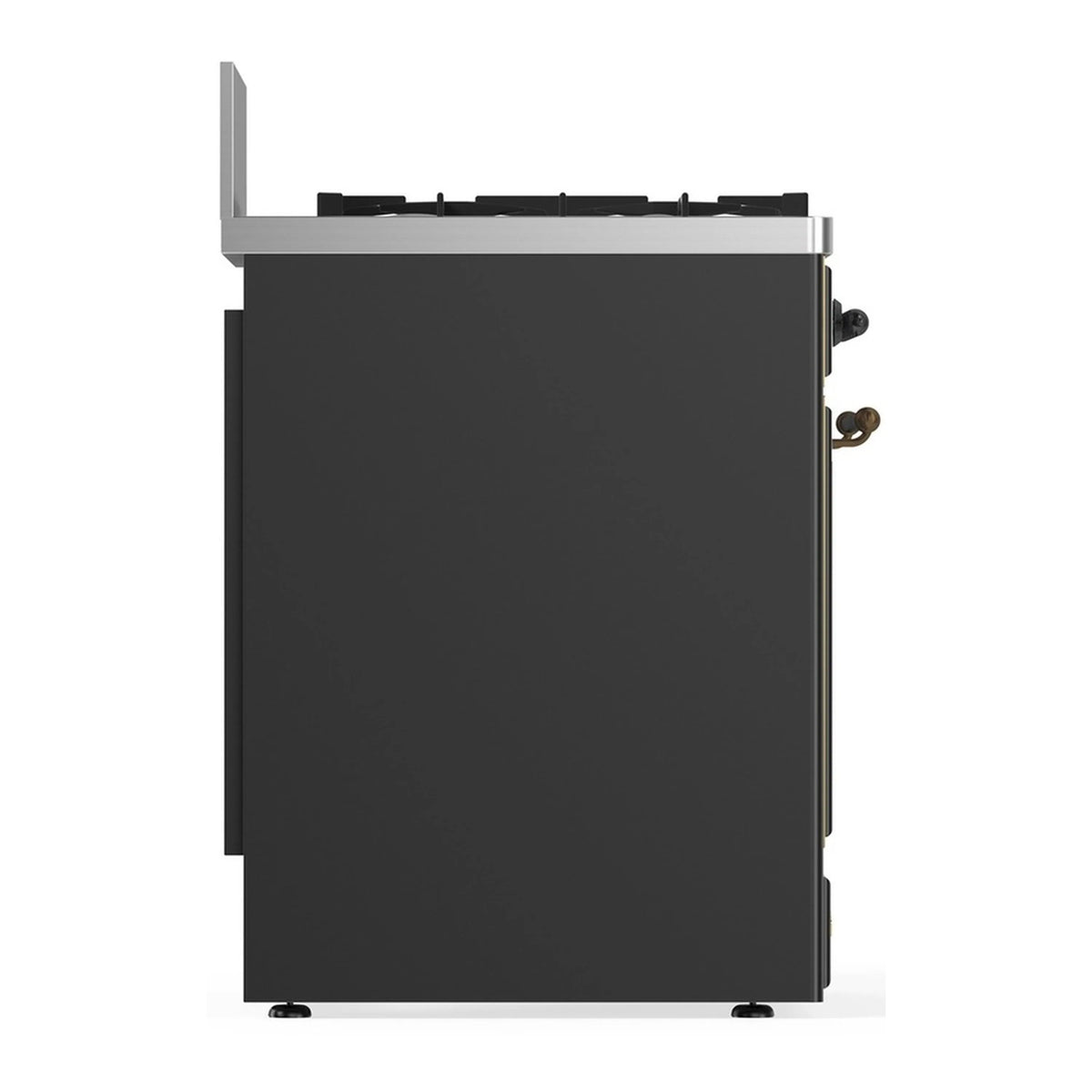 Graphite matte dual fuel range rear side view with back panel and leveling feet