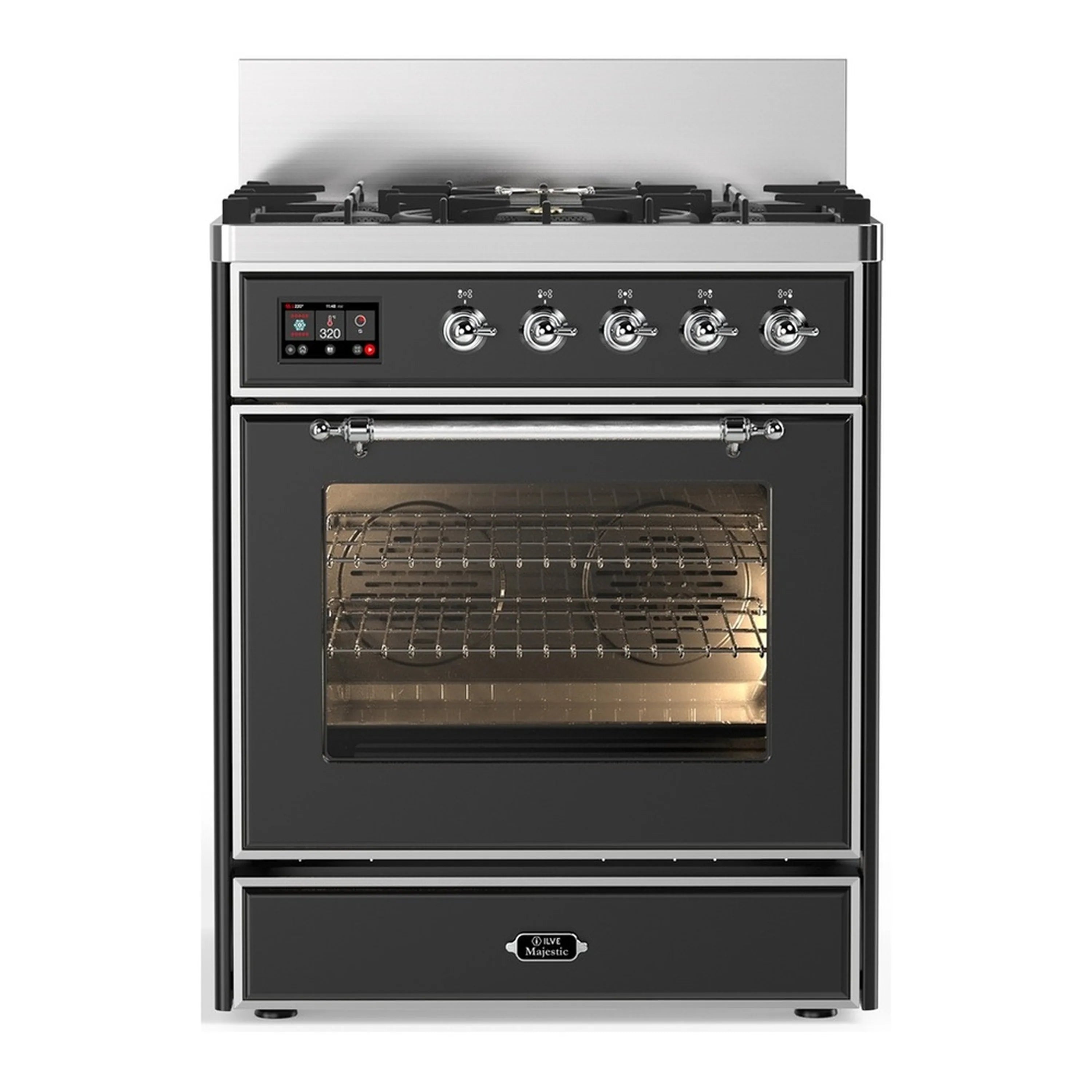 Graphite matte dual fuel range with chrome trim, 5 gas burners and electric oven door