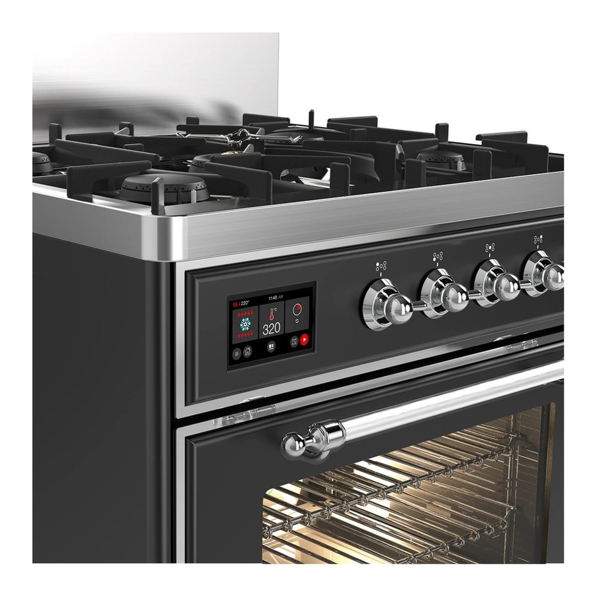 Dual fuel range front controls with stainless knobs and open oven interior