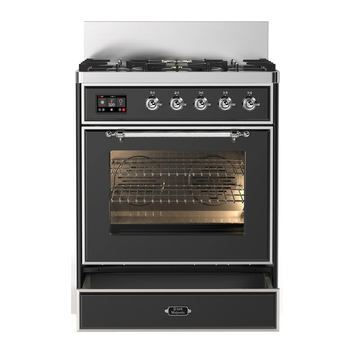 Graphite matte dual fuel range with open oven door and wire cooking racks