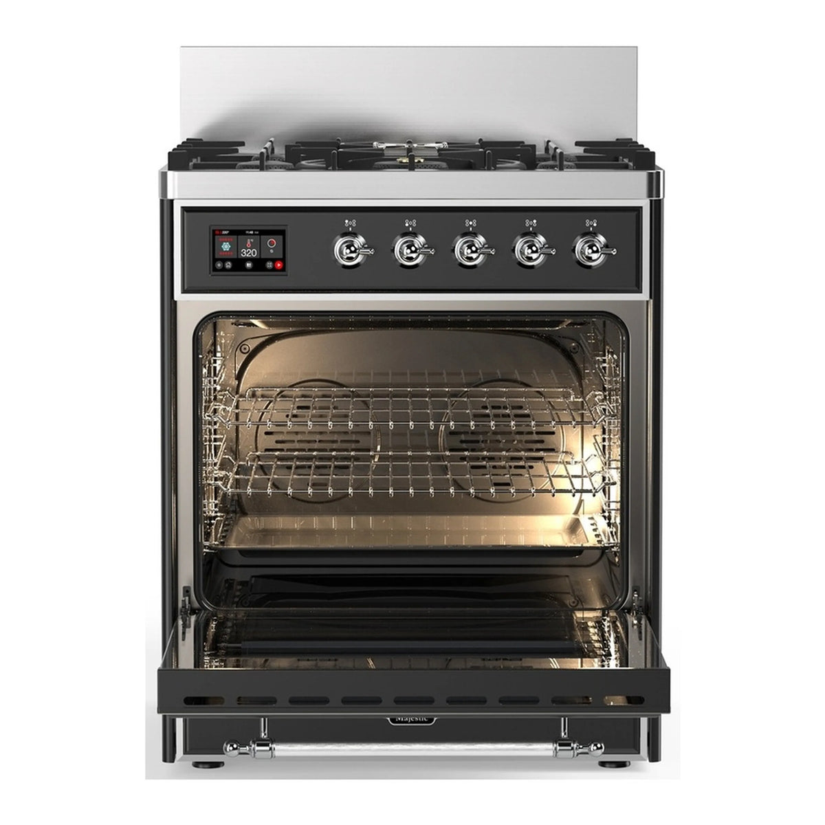 Graphite matte dual fuel range with open oven, triple-pane door and wire racks