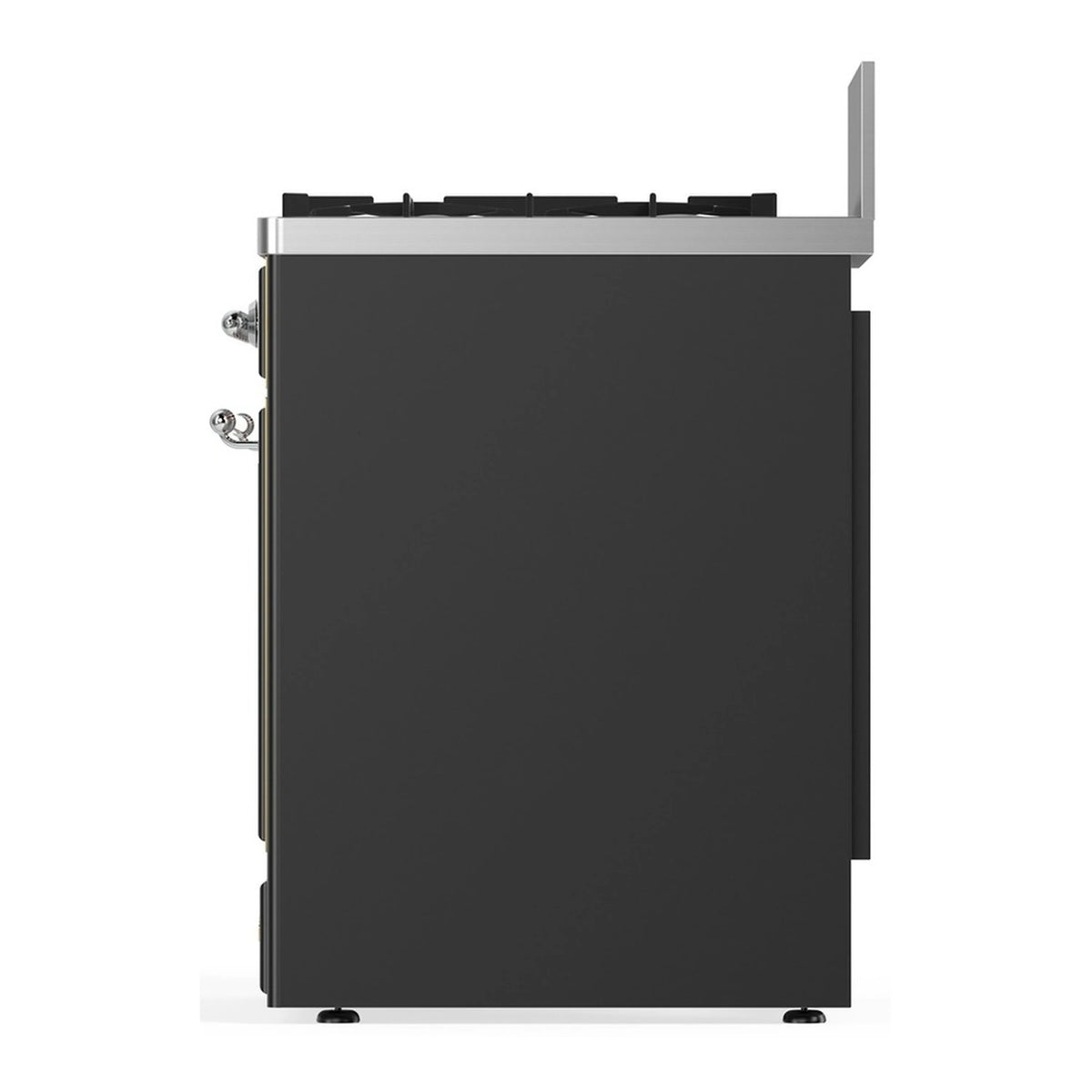 Graphite matte dual fuel range side/back panel with chrome handle brackets