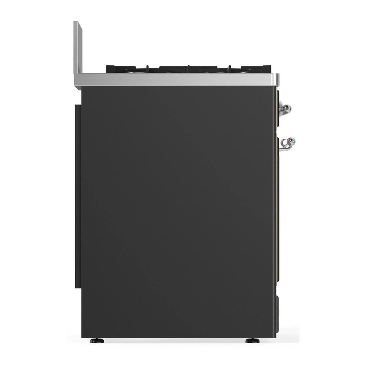 Graphite matte dual fuel range side view with chrome handle brackets and rear panel