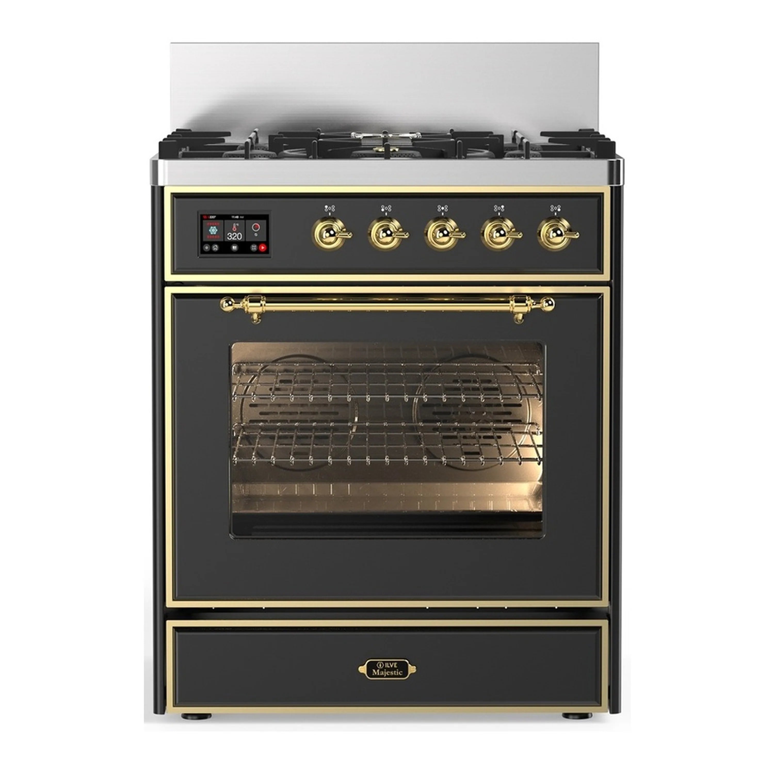 Graphite matte dual fuel range with brass trim, triple-glass oven door and 5 burners