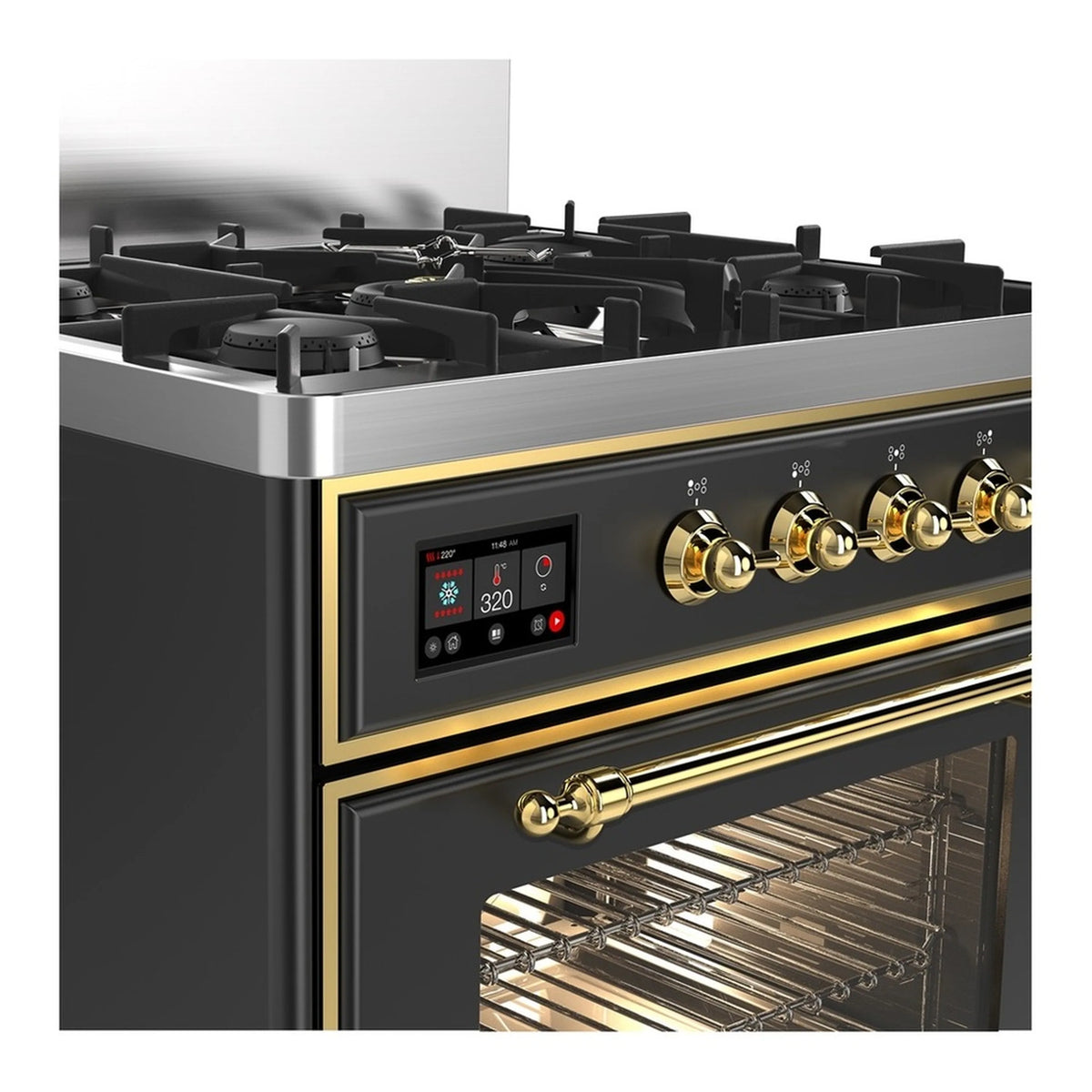 Graphite matte range with brass-trimmed control knobs and open oven door with rack
