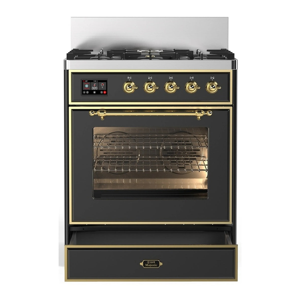 Graphite matte dual fuel range with brass trim, front controls, and oven glass window