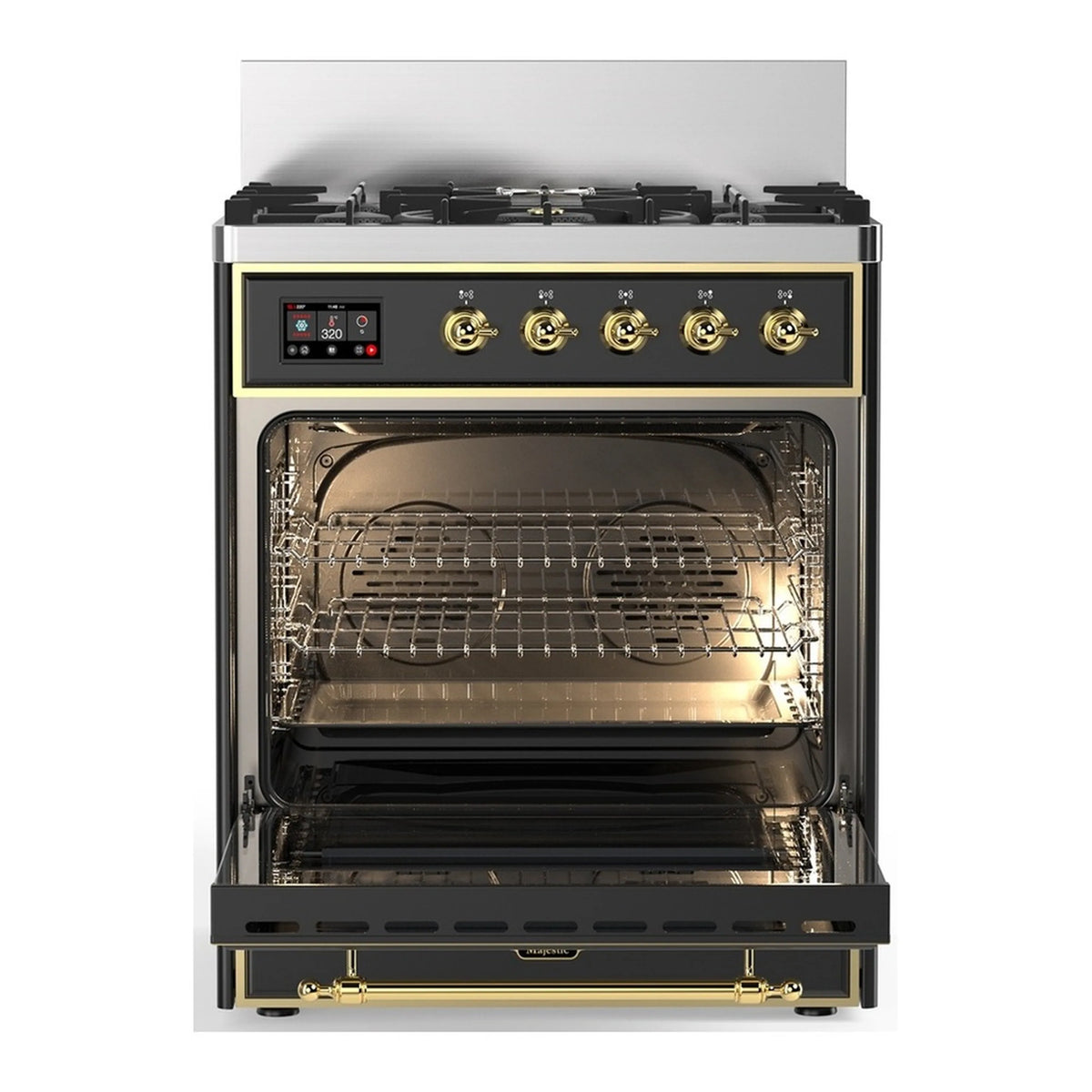 Open oven cavity with racks and brass-trimmed door frame on graphite matte range