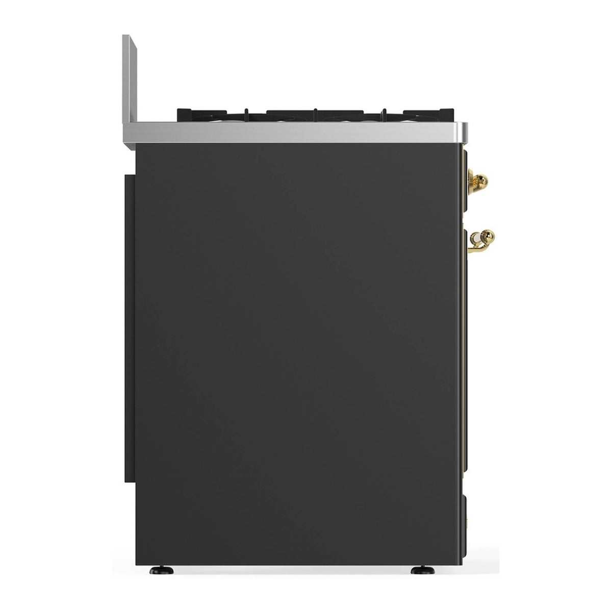 Graphite matte side view of dual fuel range with brass trim and rear framing