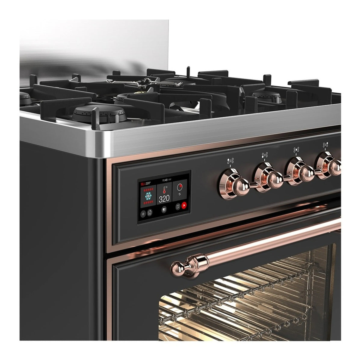 Graphite matte dual fuel range control panel with copper knobs and open oven
