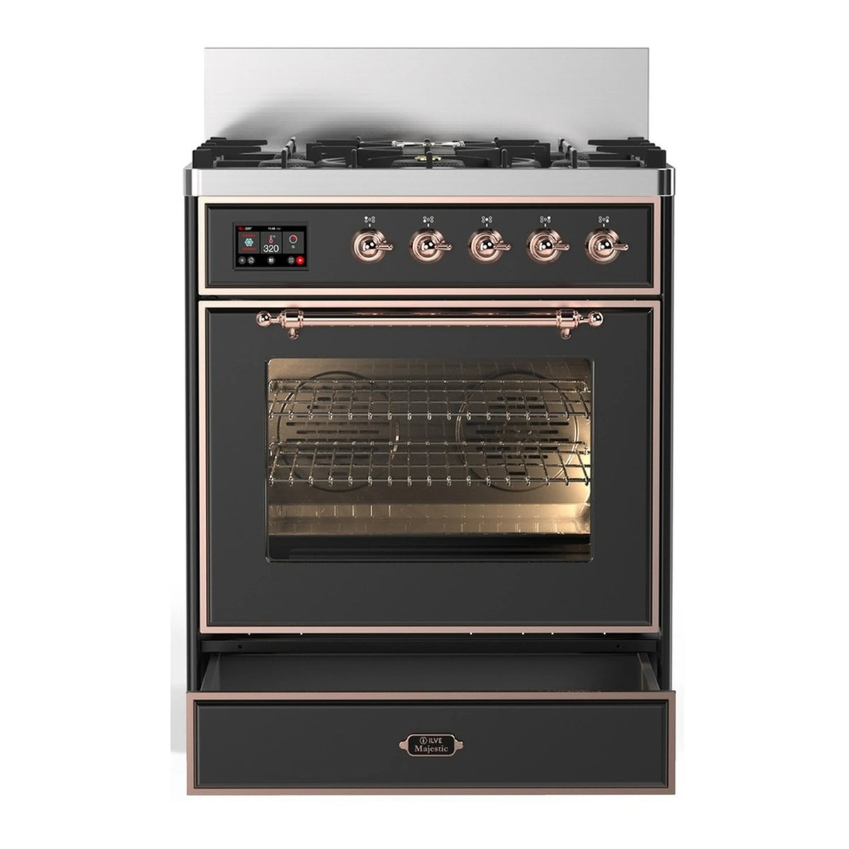 Dual fuel range front view with graphite matte door, copper trim, and control knobs.