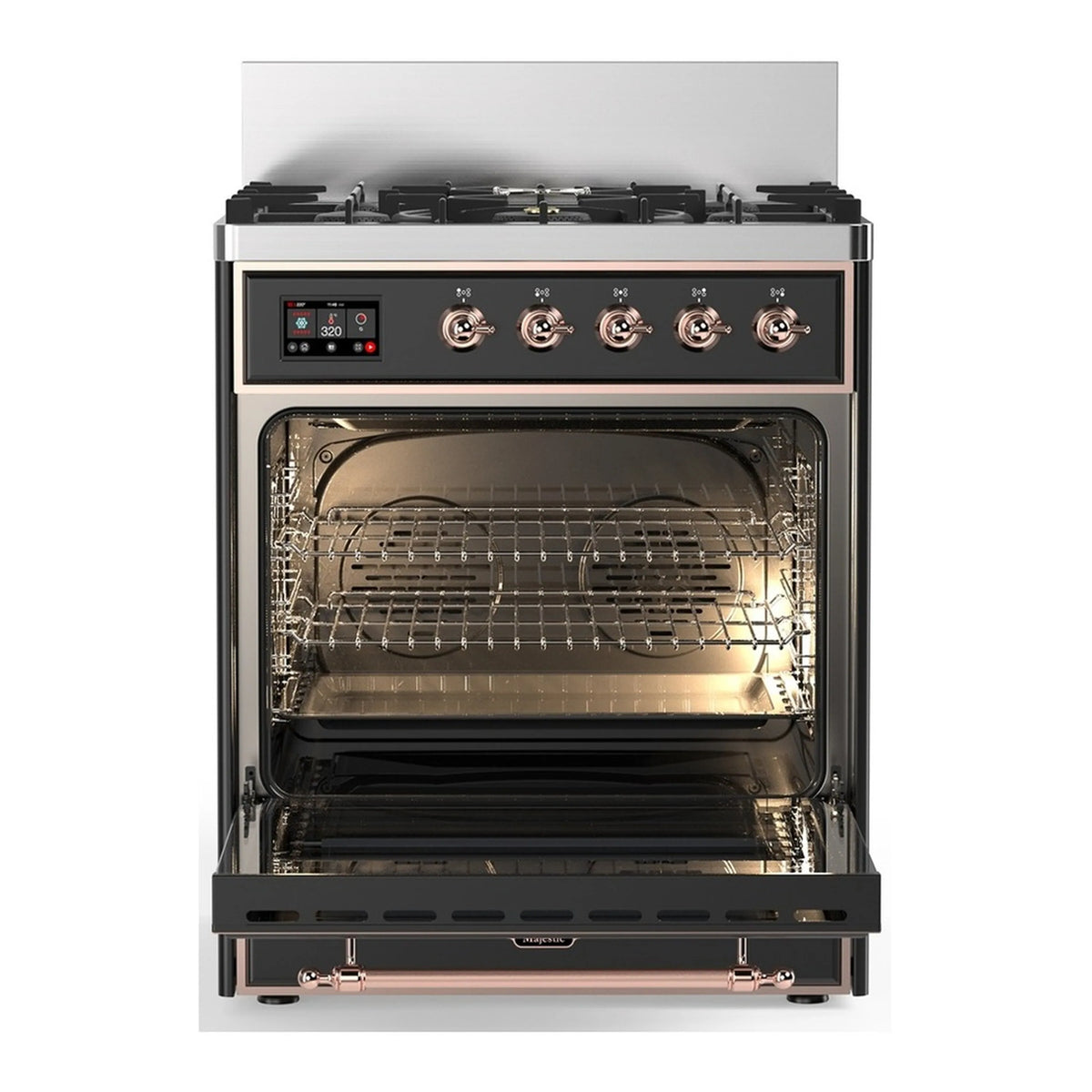 Dual fuel range oven cavity with racks visible, graphite matte interior and copper trim.