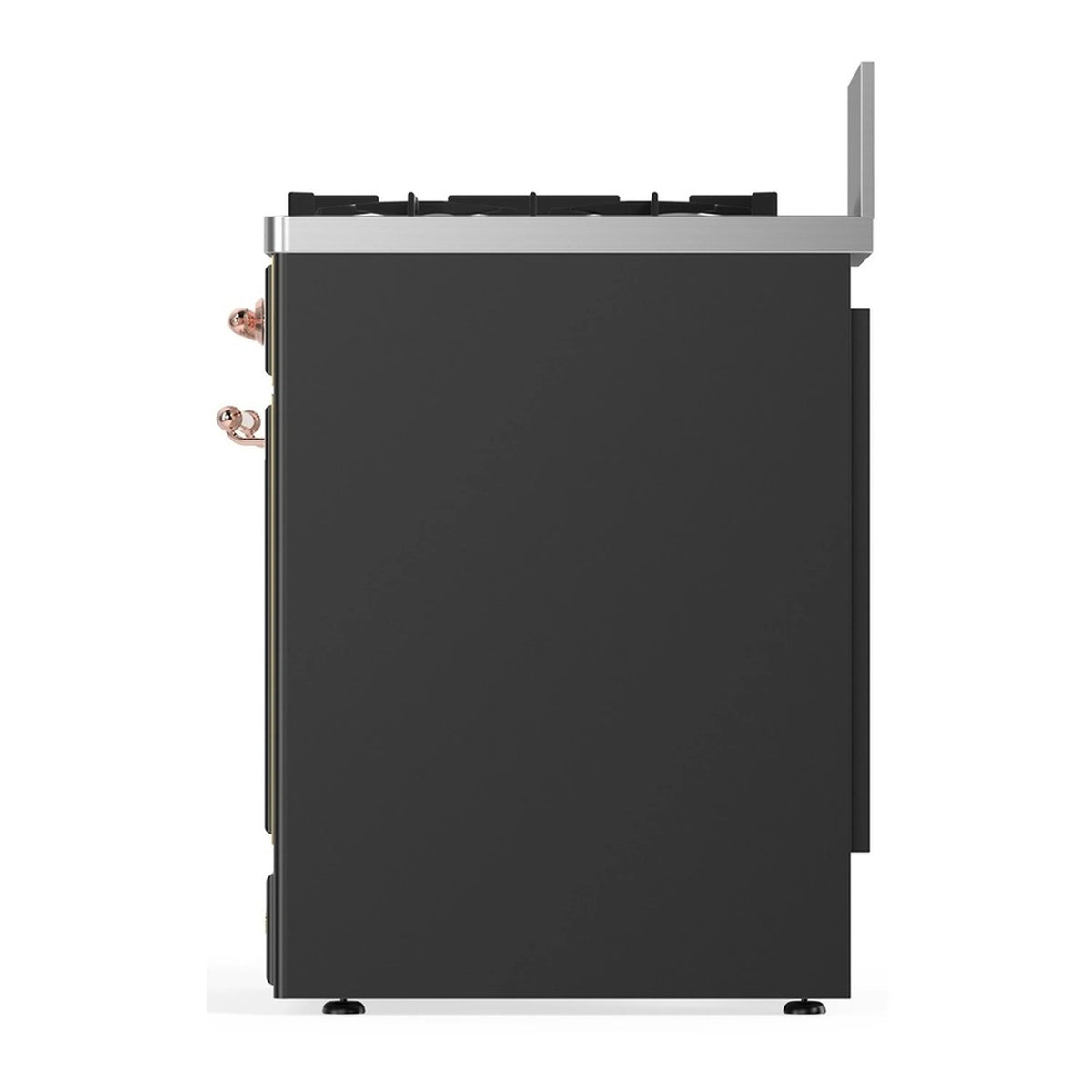 Back view of graphite matte dual fuel range with copper side fittings.