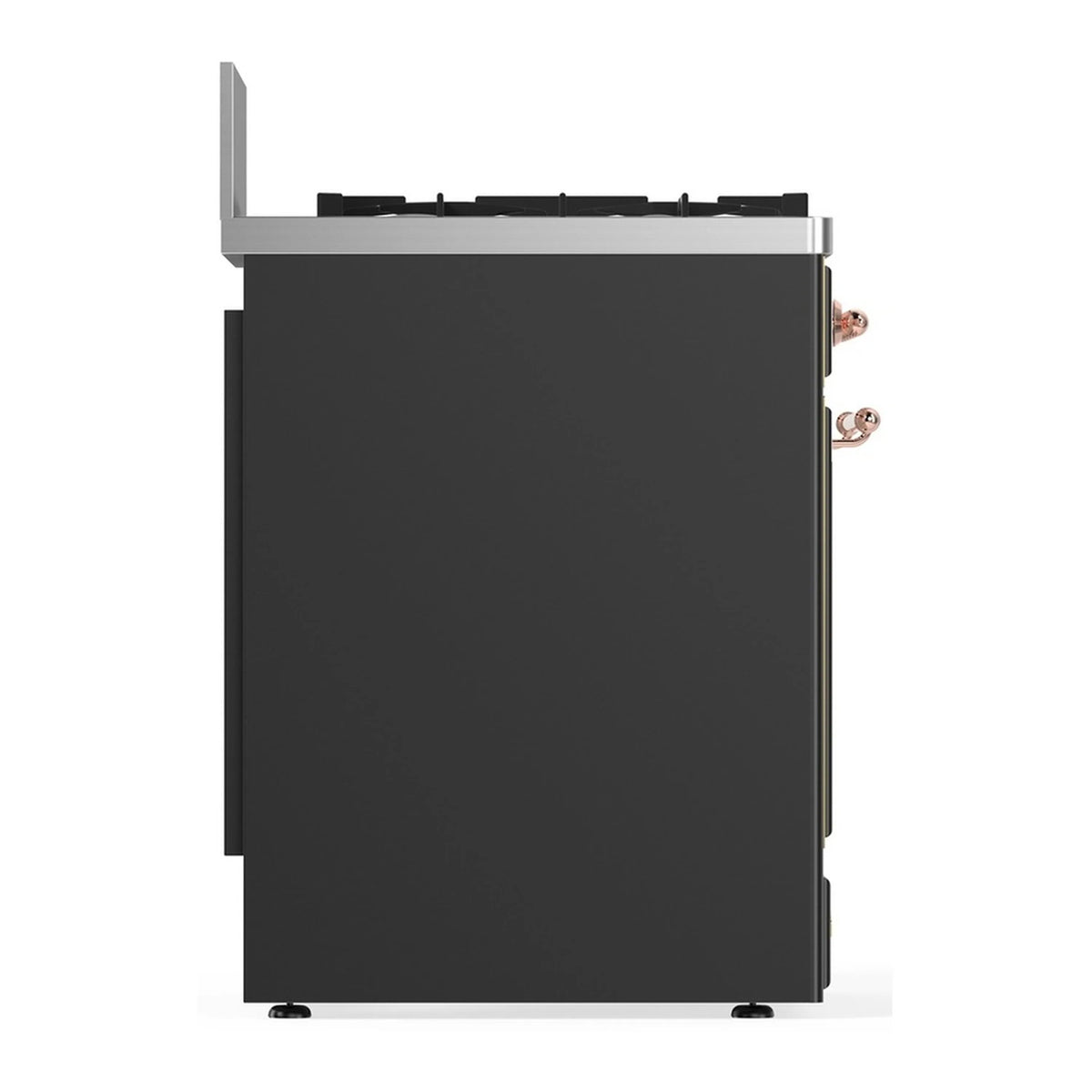Graphite matte rear side view of dual fuel range with copper-trim handles