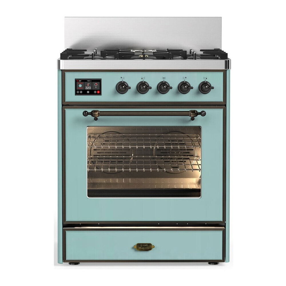 ILVE Majestic III 30-inch Dual Fuel Range with 5 Liquid Propane Burner and Triple Glass Door Electric Oven in Mediterranean Mint with Burnished Trim (UM30NR3MMBLP)