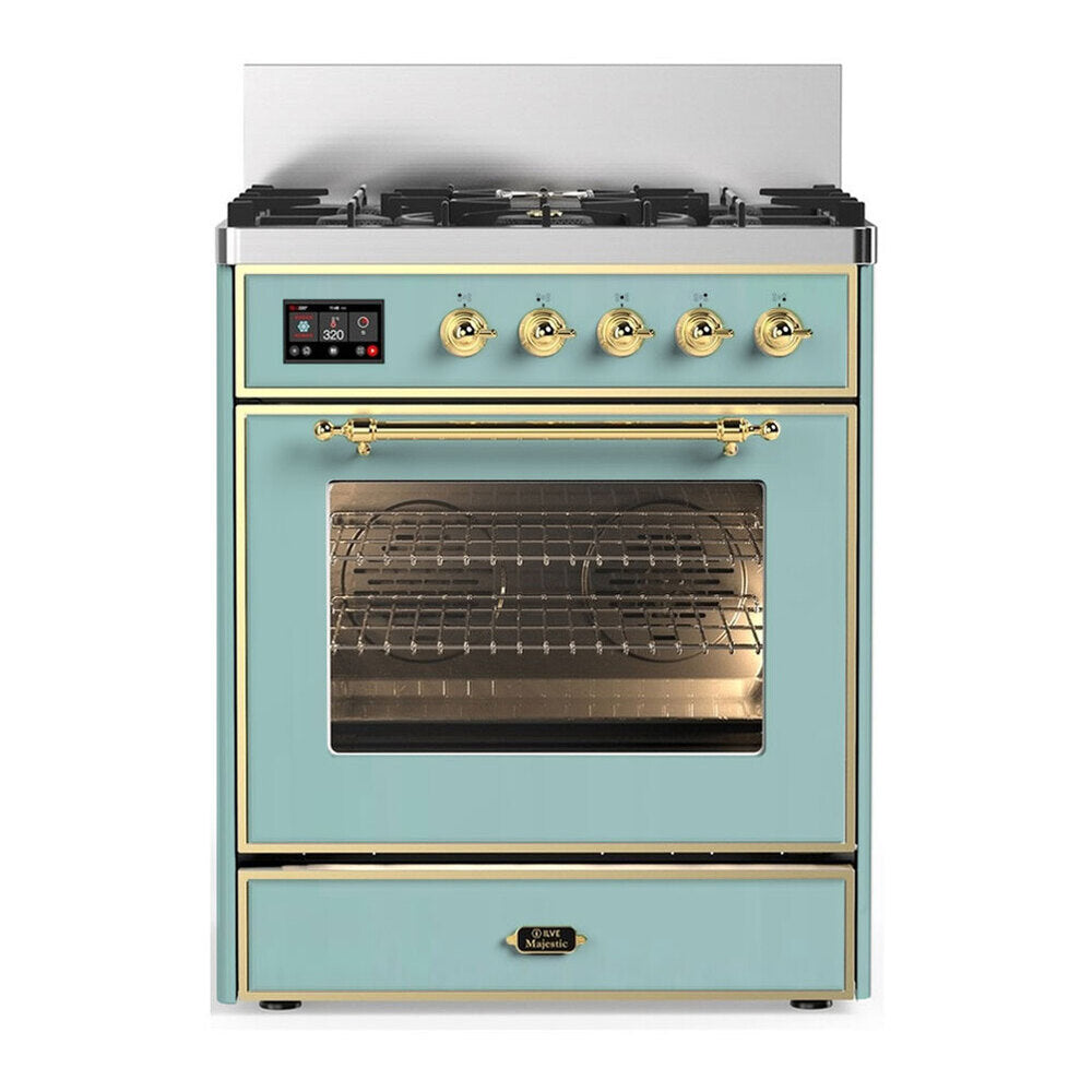 ILVE Majestic III 30-inch Dual Fuel Range with 5 Natural Gas Burner and Triple Glass Door Electric Oven in Mediterranean Mint with Brass Trim (UM30NR3MMG)