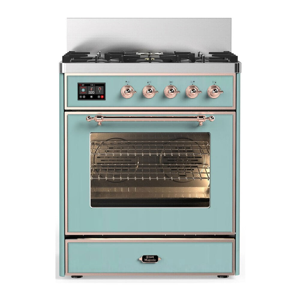 ILVE Majestic III 30-inch Dual Fuel Range with 5 Natural Gas Burner and Triple Glass Door Electric Oven in Mediterranean Mint with Copper Trim (UM30NR3MMP)