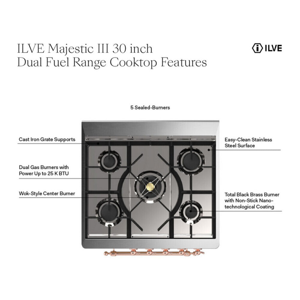 Dual fuel range cooktop with five sealed burners and cast iron grates