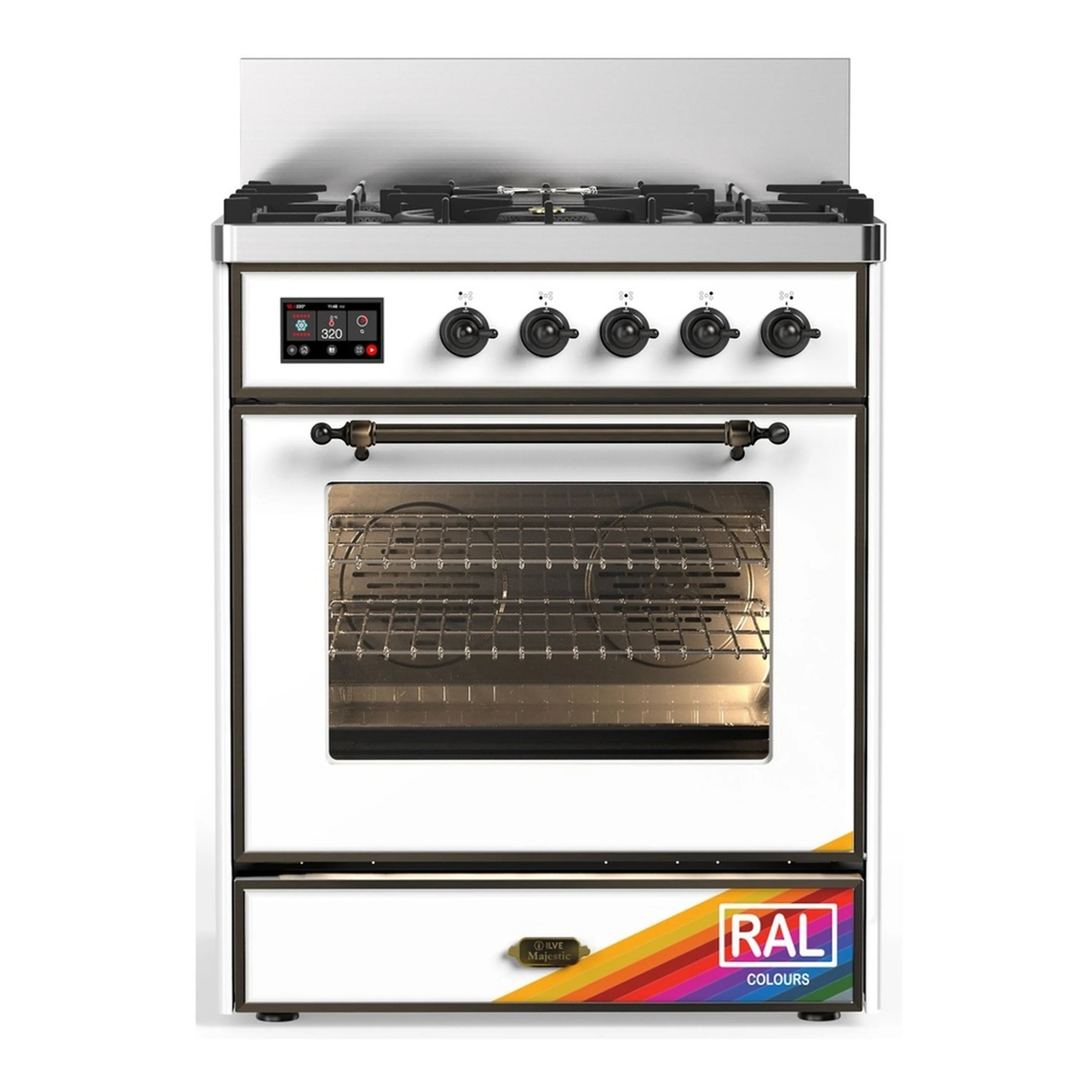 Dual fuel range with black cooktop, five gas burners, and closed electric oven door.