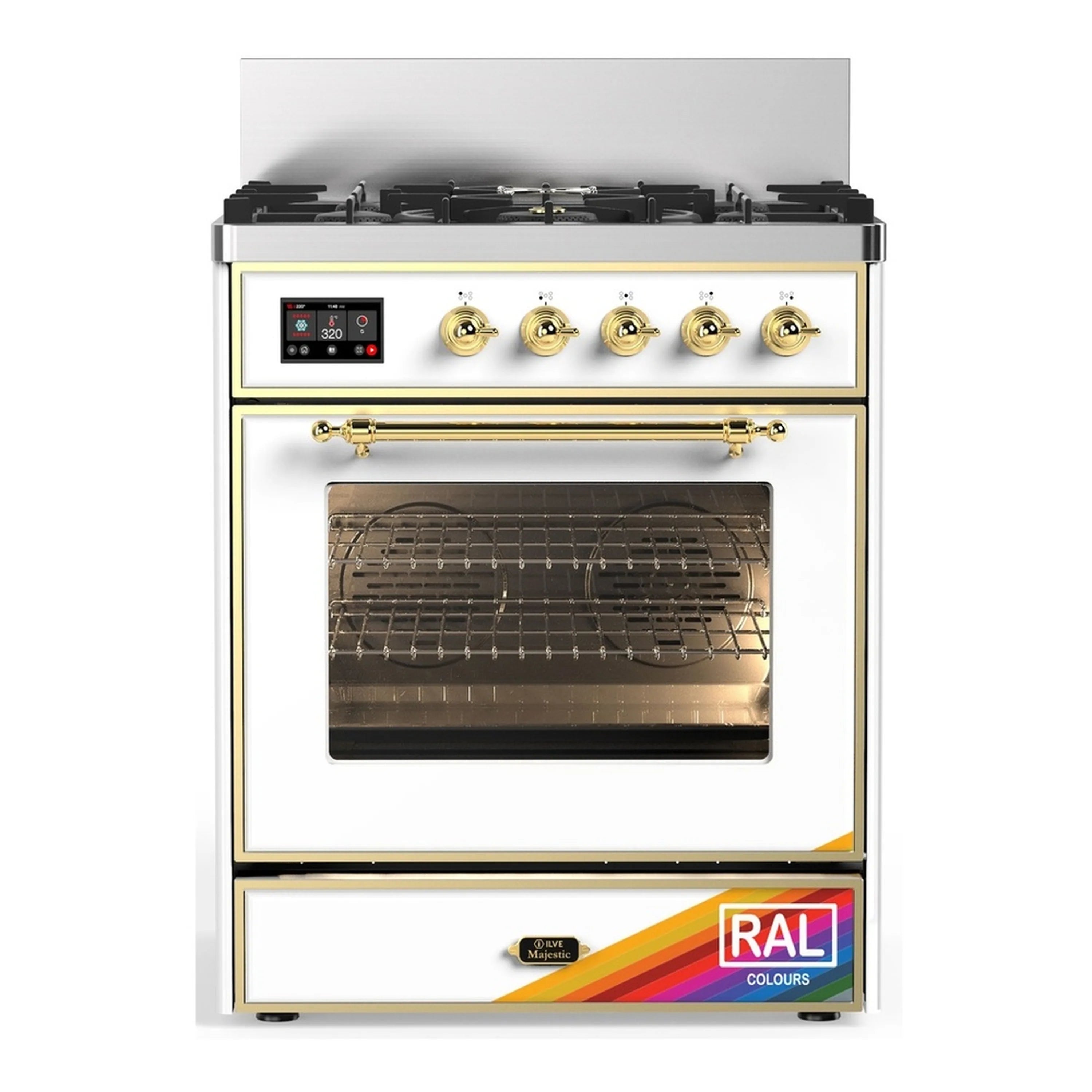 Dual fuel range front with brass-trim door, control panel, and RAL colors label