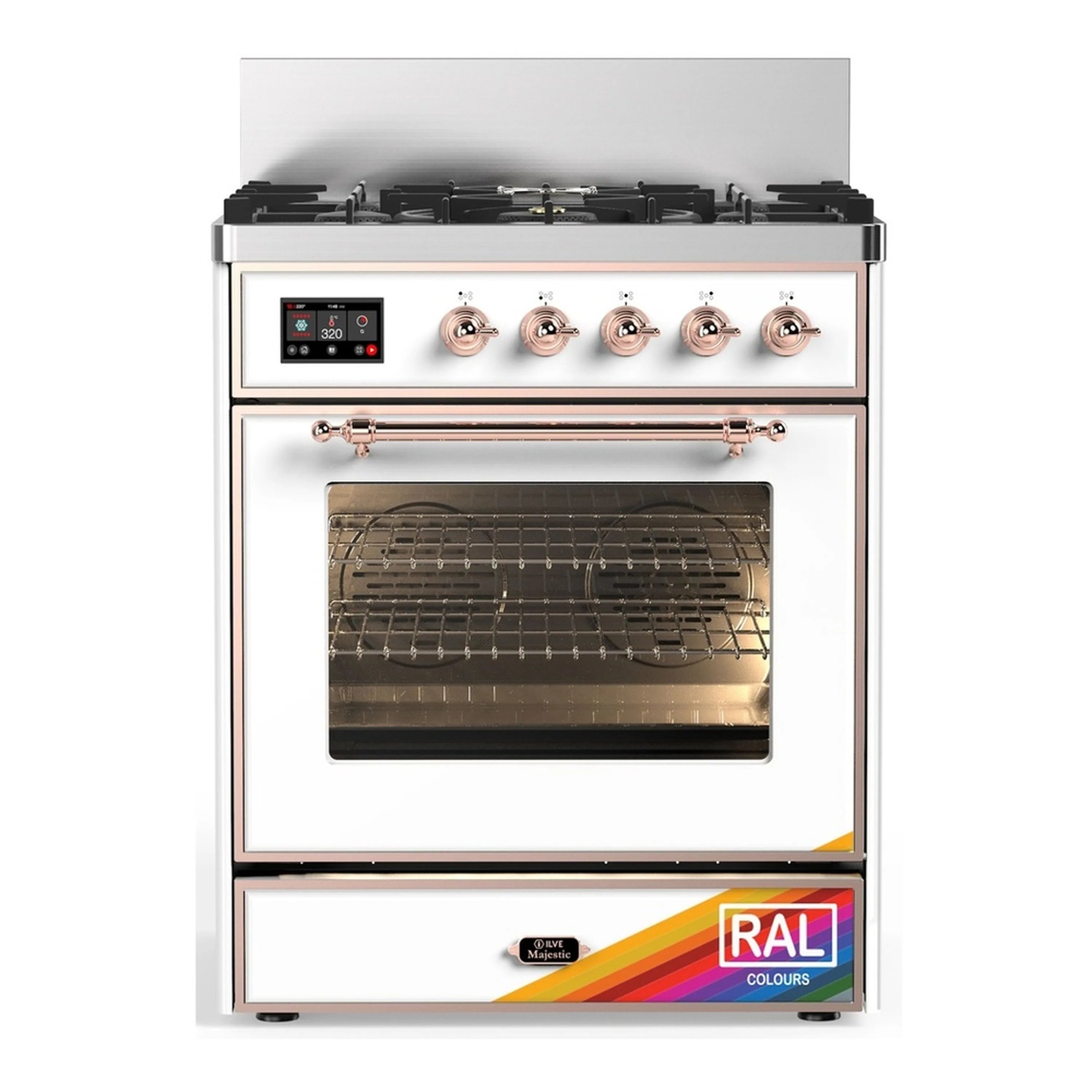 Dual fuel range with black cooktop, copper trim, and glass oven door