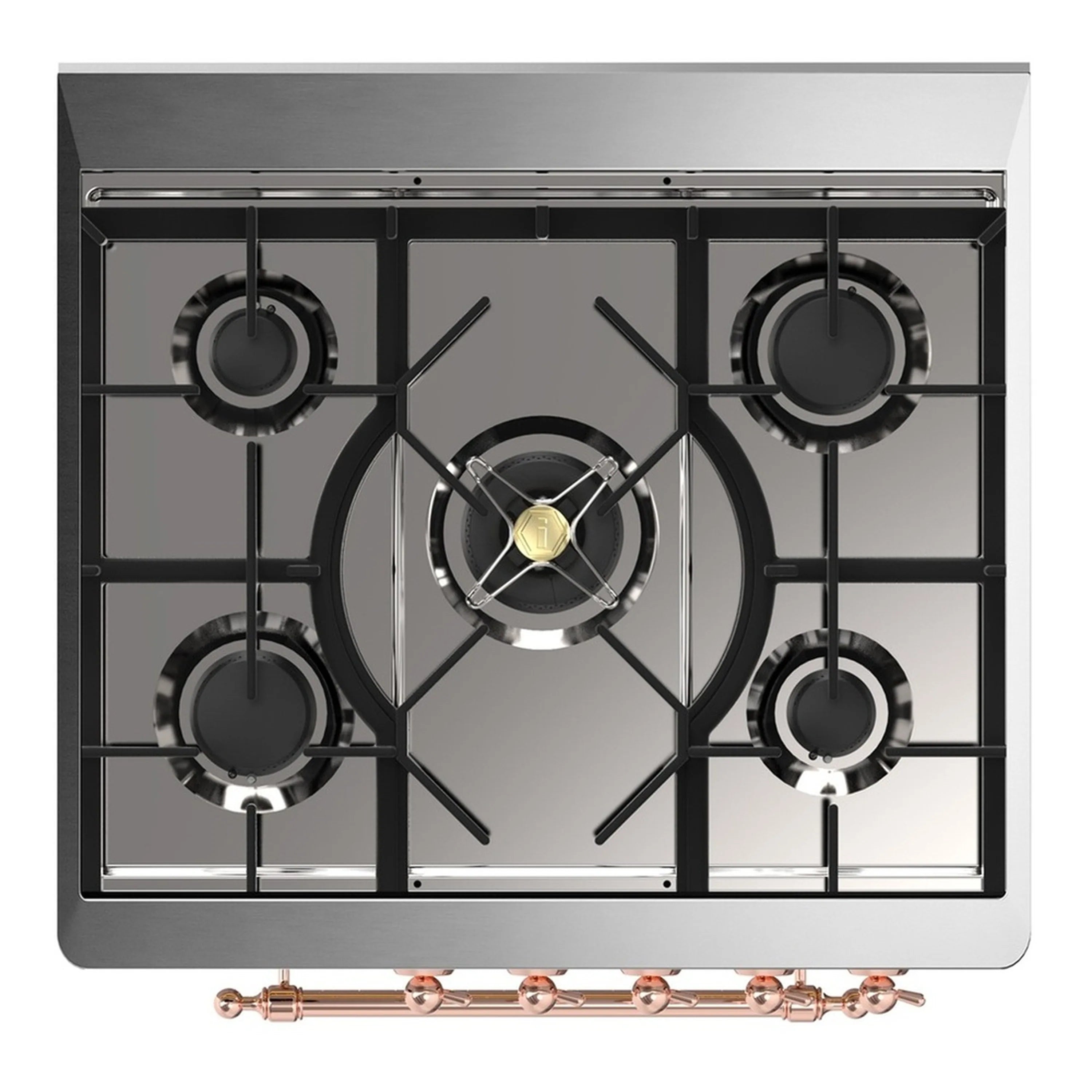 Dual fuel range with black gas cooktop and copper-trim control knobs