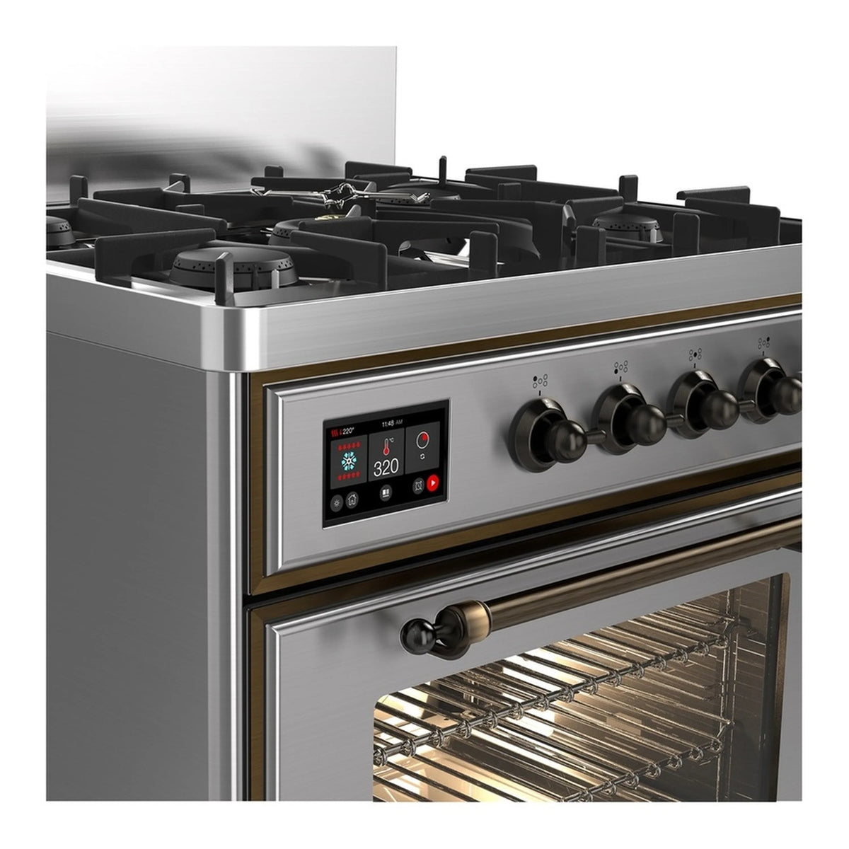 Stainless steel ILVE dual fuel range with control knobs and open electric oven door