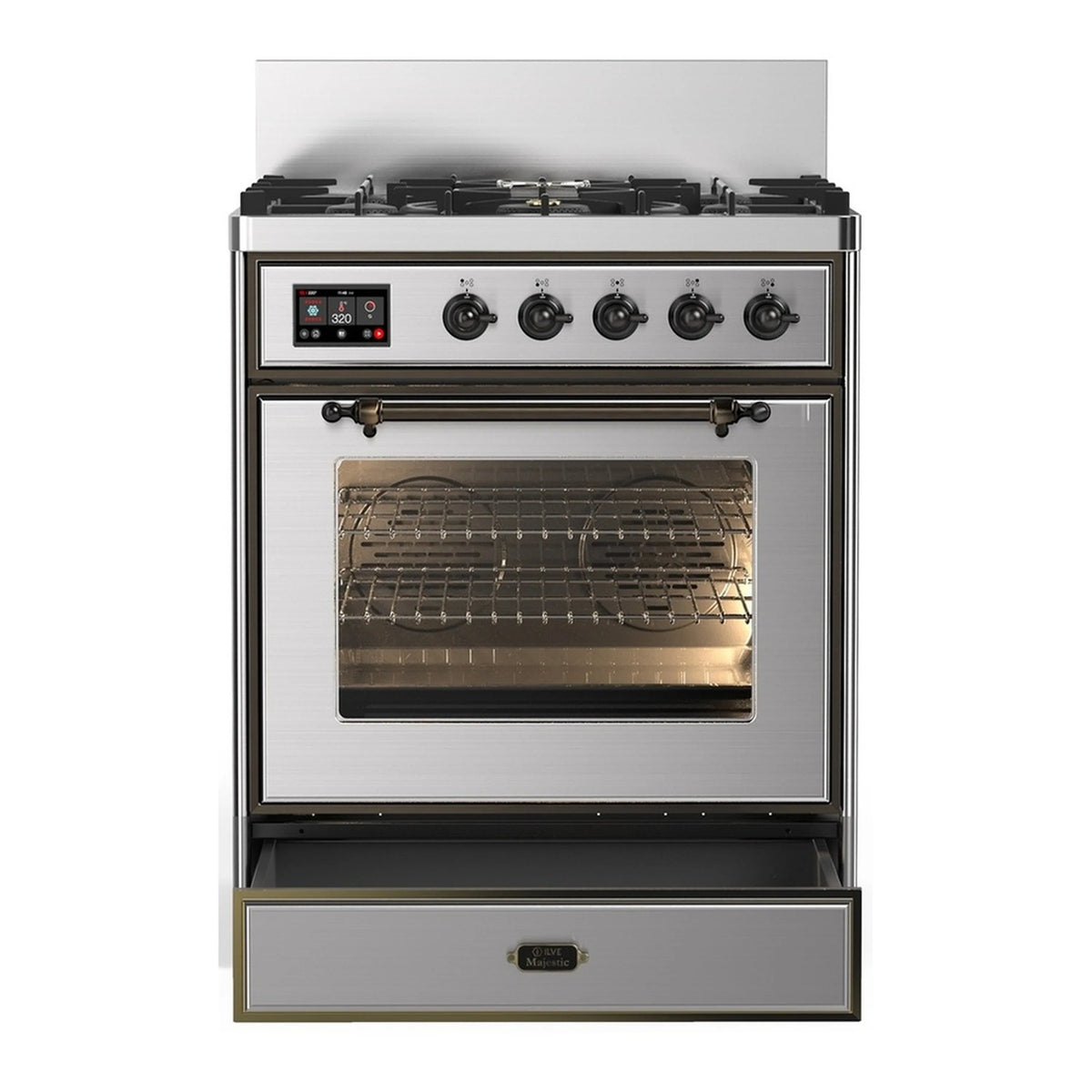 Stainless steel ILVE dual fuel range with front panel controls and closed electric oven